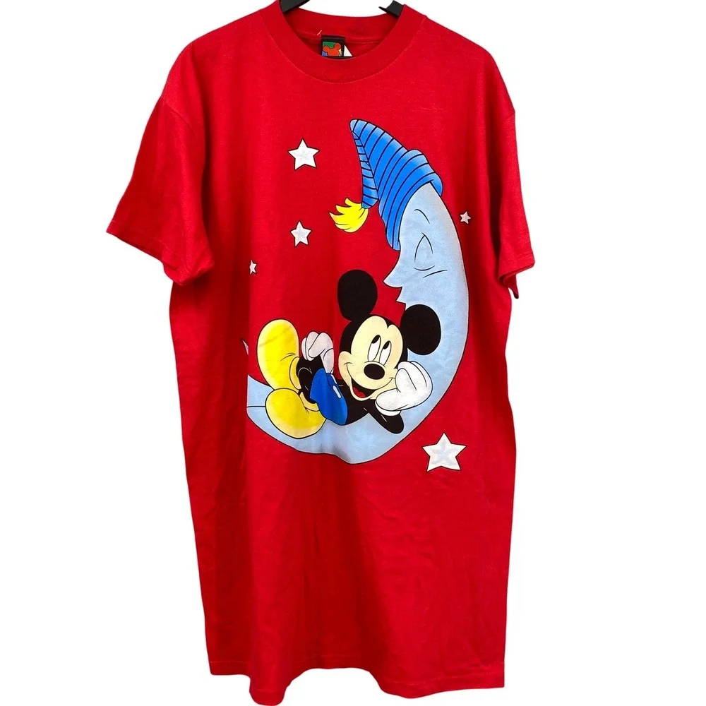 Mickey Unlimited Vintage Red Nightgown Sleepshirt One Size Fits Most Moon Stars‎